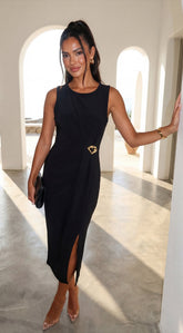Aureva Pleated Gold Accent Midi Dress - Black