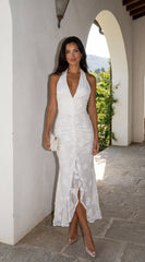 Amalfia Embroidered Halter Maxi Dress - White