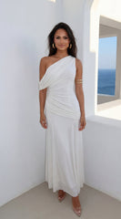 Athenya Draped One-Shoulder Maxi Dress - Cream White