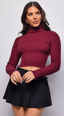 Astraia Basic Turtle Neck Crop Ribbed Sweater Top - Burgundy