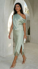 Alessara Satin Lace Off Shoulder Set - Sage Green