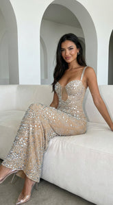 Celestara Rhinestone Cutout Maxi Dress - Beige