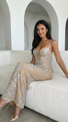 Celestara Rhinestone Cutout Maxi Dress - Beige