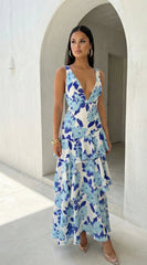 Aurelisse Floral Ruffled Maxi Dress - Floral Blue