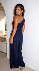 Caldera Linen One Shoulder Set - Navy Blue