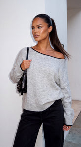 Avie Contrast Trim Oversized Off Shoulder Sweater - Gray