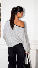 Avie Contrast Trim Oversized Off Shoulder Sweater - Gray