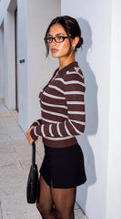 Auden Stripe Ribbed Polo Sweater Top - Brown Multi