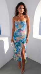 Aquarella Floral Strapless Tube Midi Dress - Blue Multi