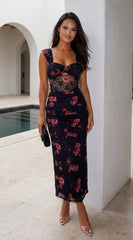 Cerelise Floral Lace Ruched Maxi Dress - Navy Blue