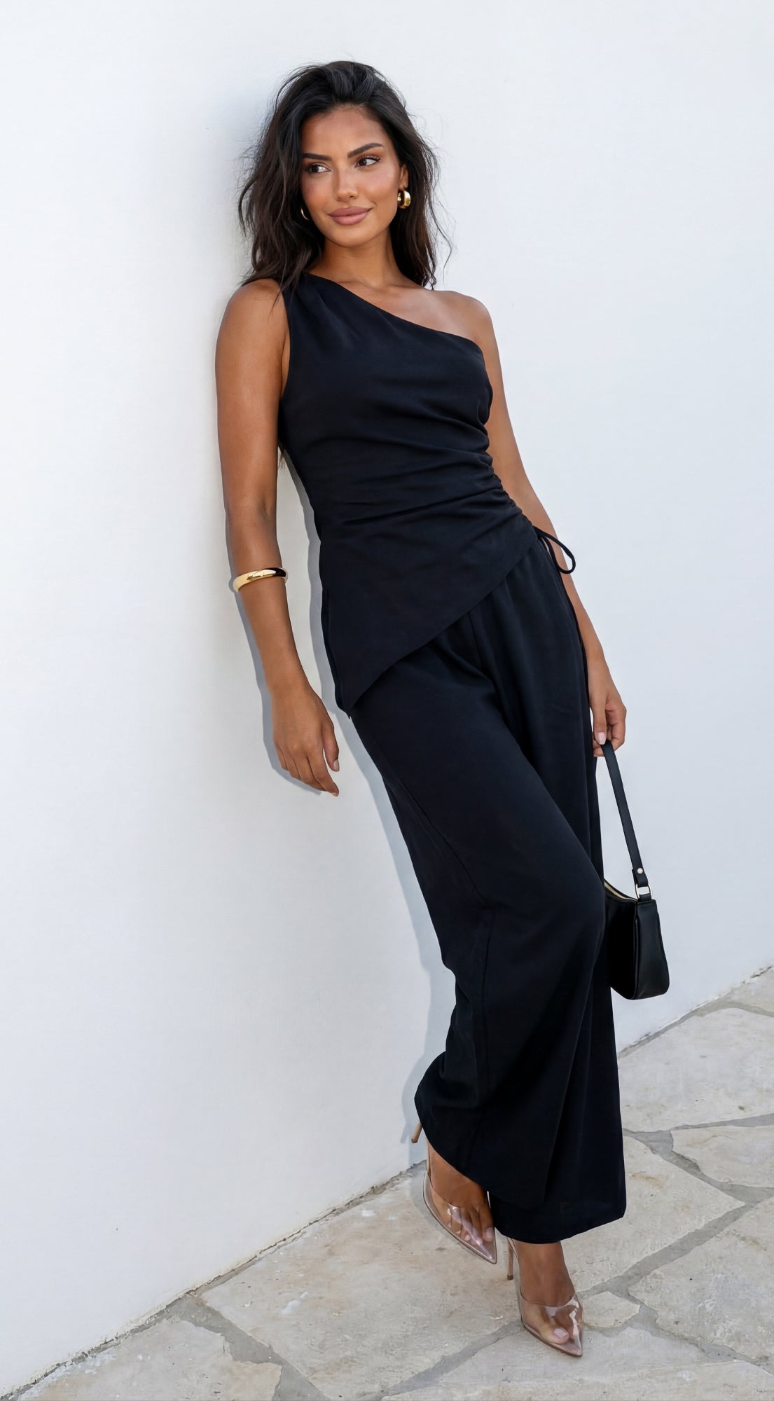 Caldera Linen One Shoulder Set - Black