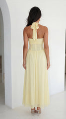 Aurevyn Halter Mesh Maxi Dress - Butter Yellow