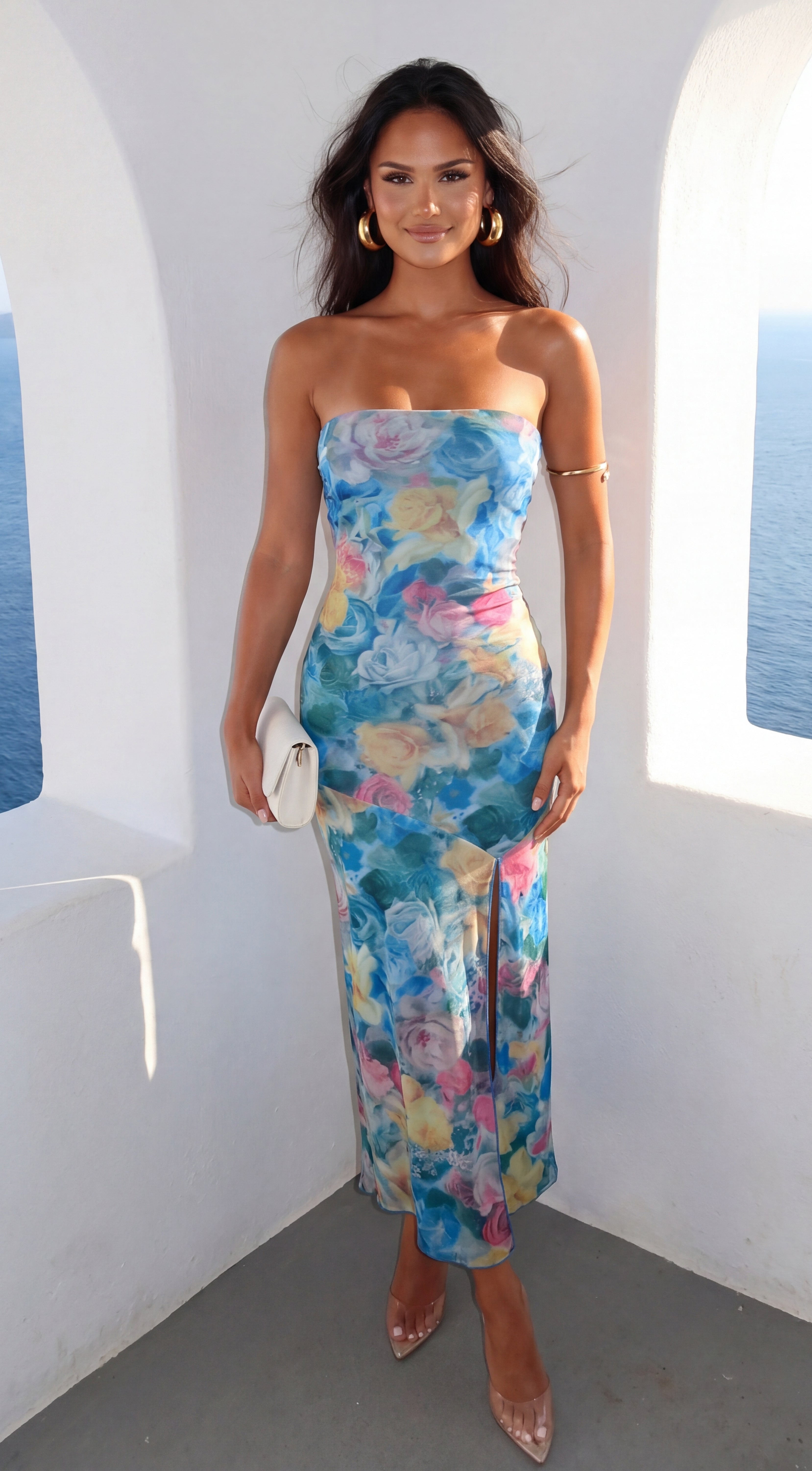 Aquarella Floral Strapless Tube Midi Dress - Blue Multi