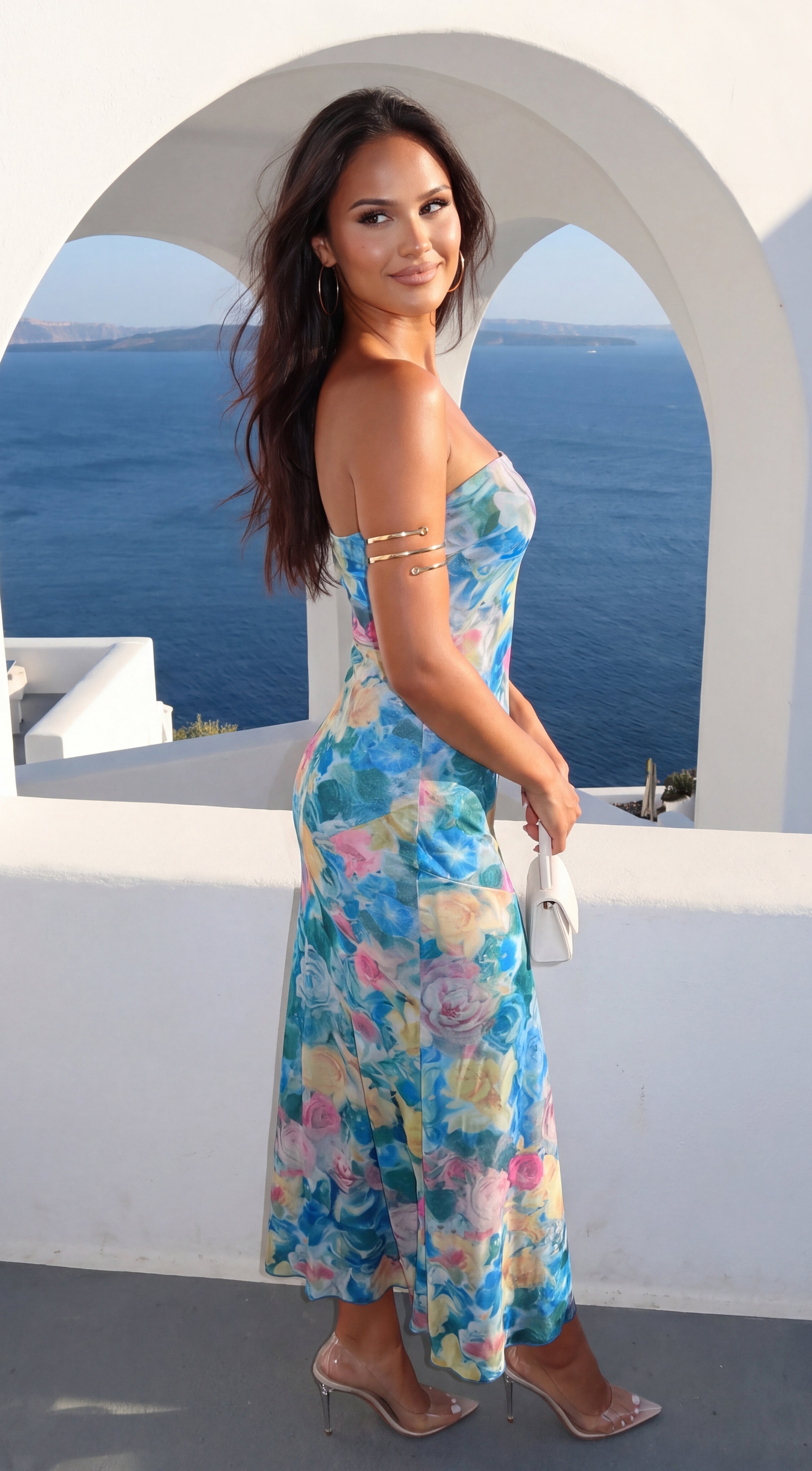 Aquarella Floral Strapless Tube Midi Dress - Blue Multi
