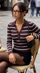 Auden Stripe Ribbed Polo Sweater Top - Brown Multi