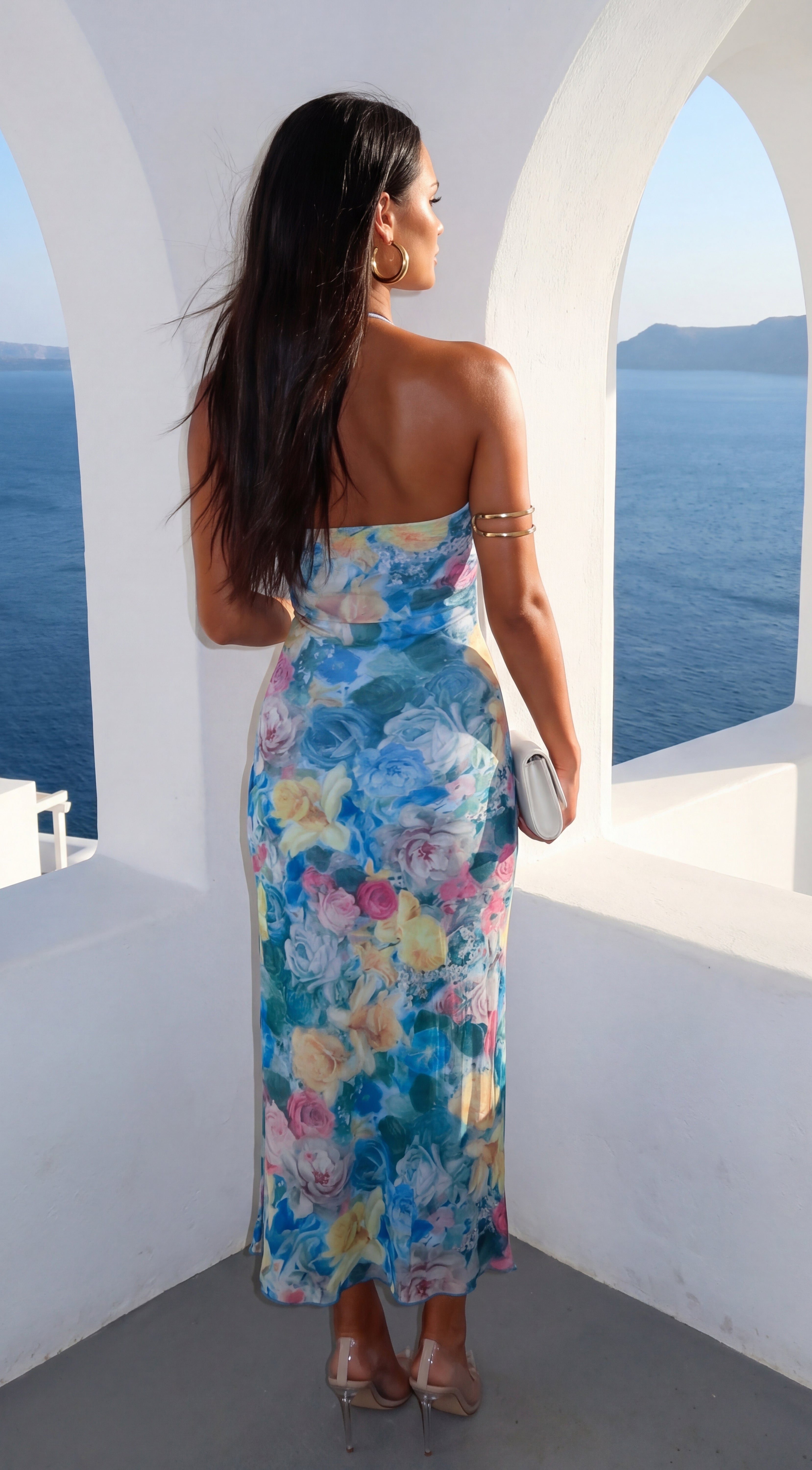 Aquarella Floral Strapless Tube Midi Dress - Blue Multi
