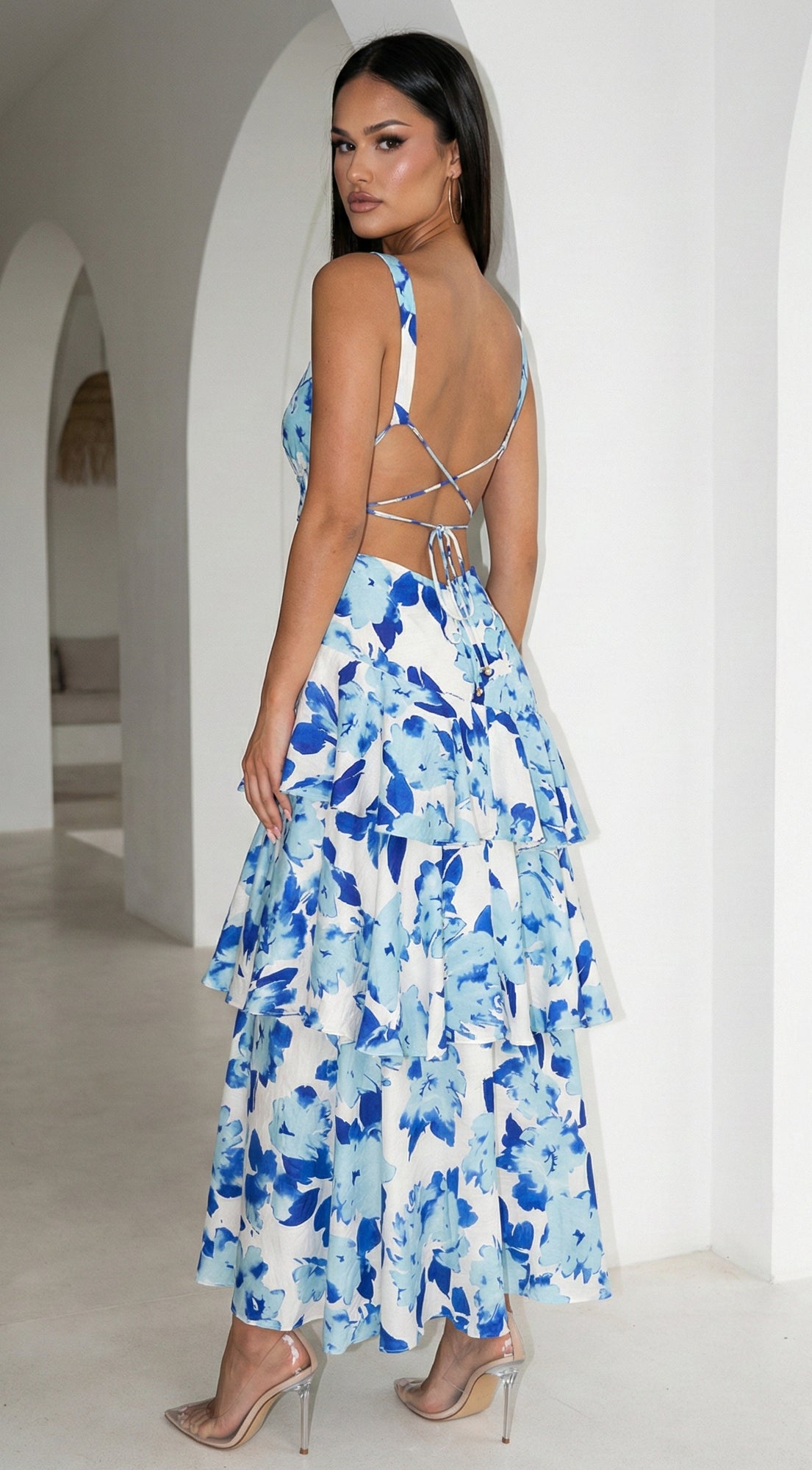 Aurelisse Floral Ruffled Maxi Dress - Floral Blue