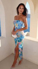 Aquarella Floral Strapless Tube Midi Dress - Blue Multi