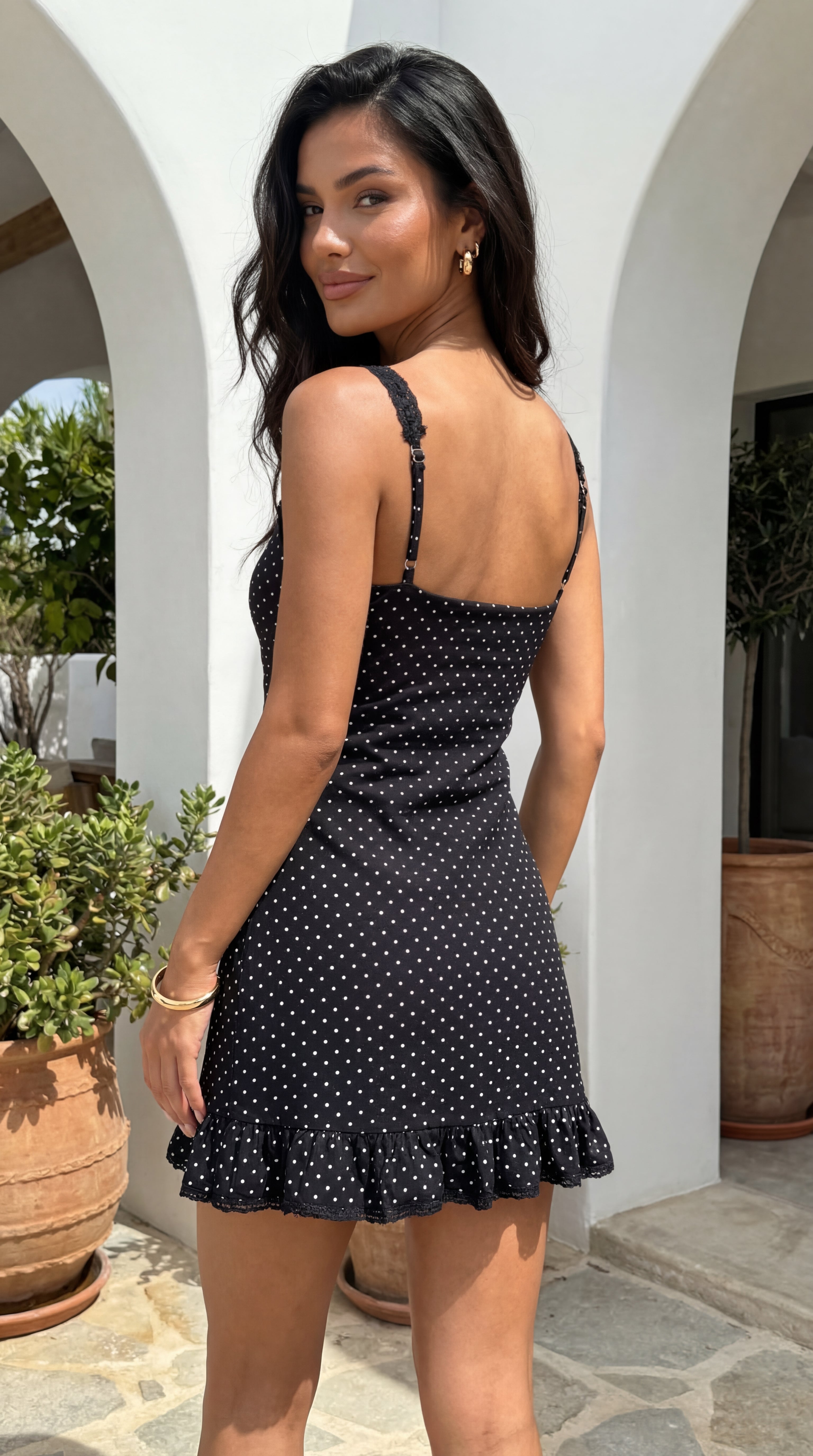 Calyssa Polka Dot Lace Trim Mini Dress - Black