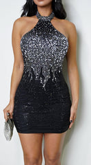 Aeliana High Neck Rhinestone Mini Dress - Black