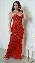 Barletta Rhinestone Multi Gem Studded Maxi Dress - Red