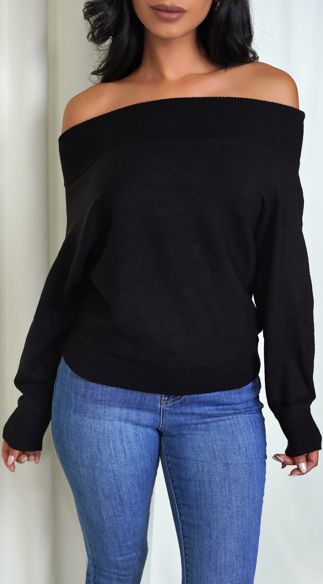 Anaya Black Off Shoulder Dolman Sleeve Sweater Top