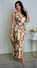 Addison Geo Print Satin Skirt Set - Brown