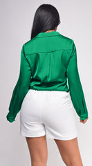 Braylee Satin Button Down Blouse Top - Kelly Green