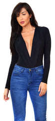 Black Deep V Neck Long Sleeve Bodysuit