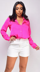 Braylee Satin Button Down Blouse Top - Hot Pink