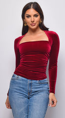 Adora Velvet Square Neck Long Sleeve Top - Burgundy