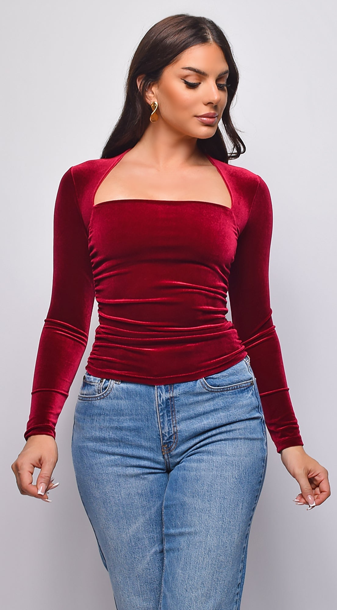 Adora Velvet Square Neck Long Sleeve Top - Burgundy
