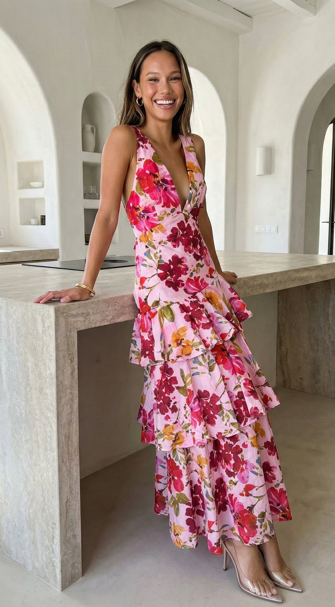 Aurelisse Floral Ruffled Maxi Dress - Floral Pink