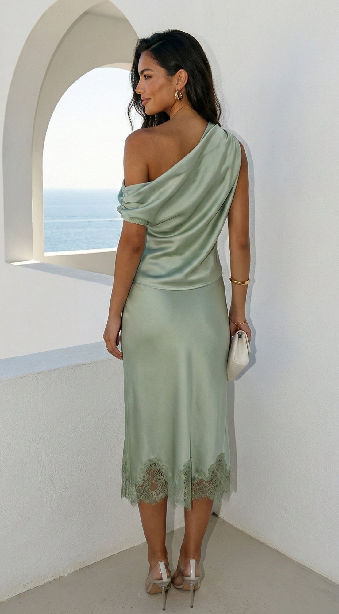 Alessara Satin Lace Off Shoulder Set - Sage Green