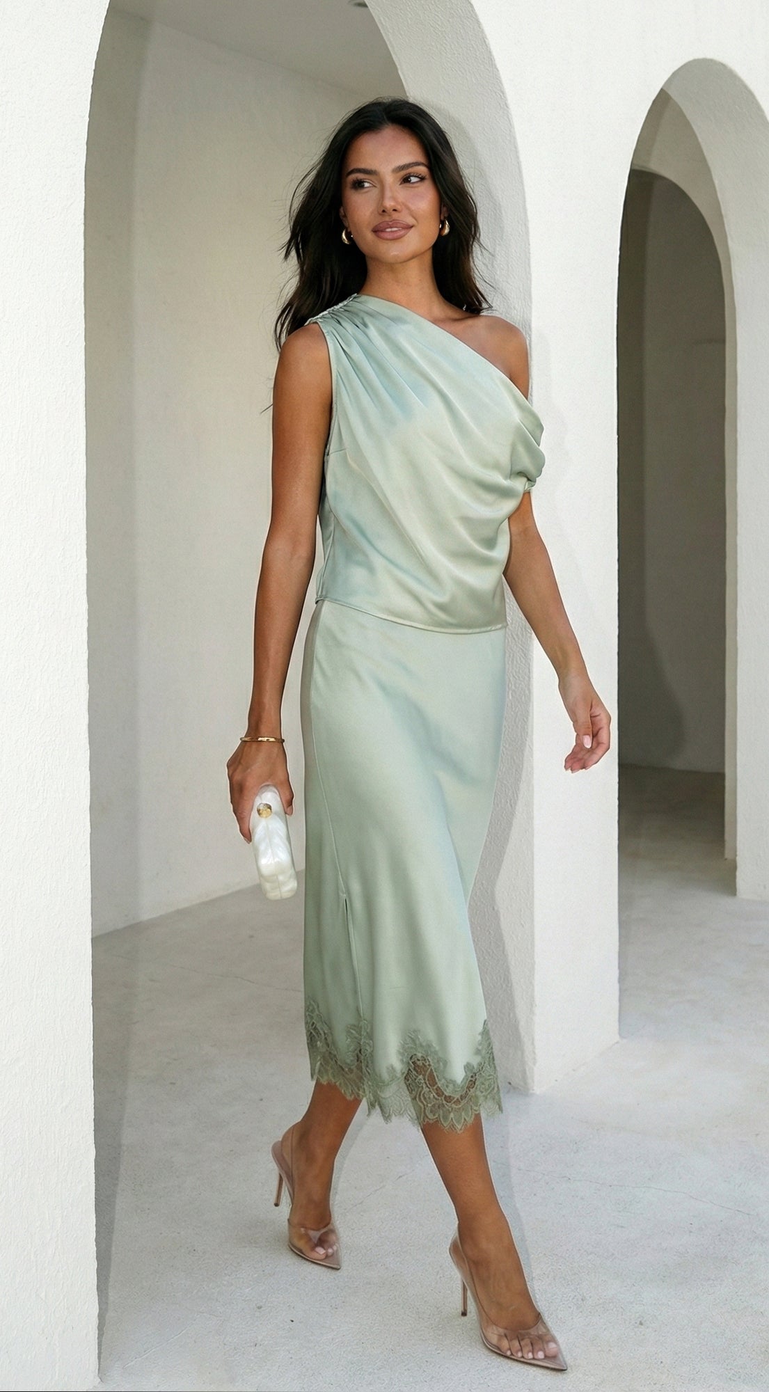 Alessara Satin Lace Off Shoulder Set - Sage Green
