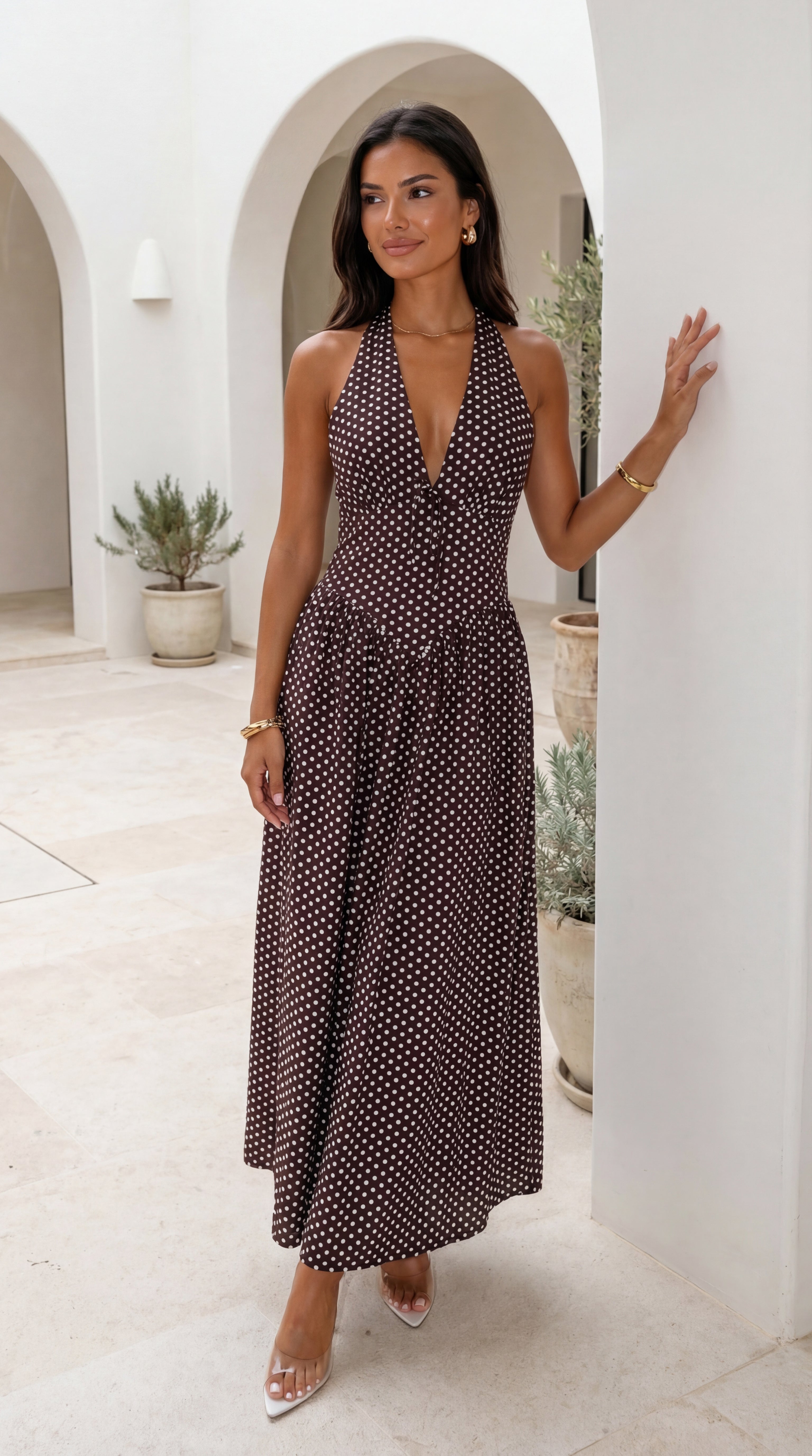 Calypra Polka Dot Halter Maxi Dress - Brown