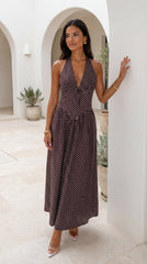 Calypra Polka Dot Halter Maxi Dress - Brown
