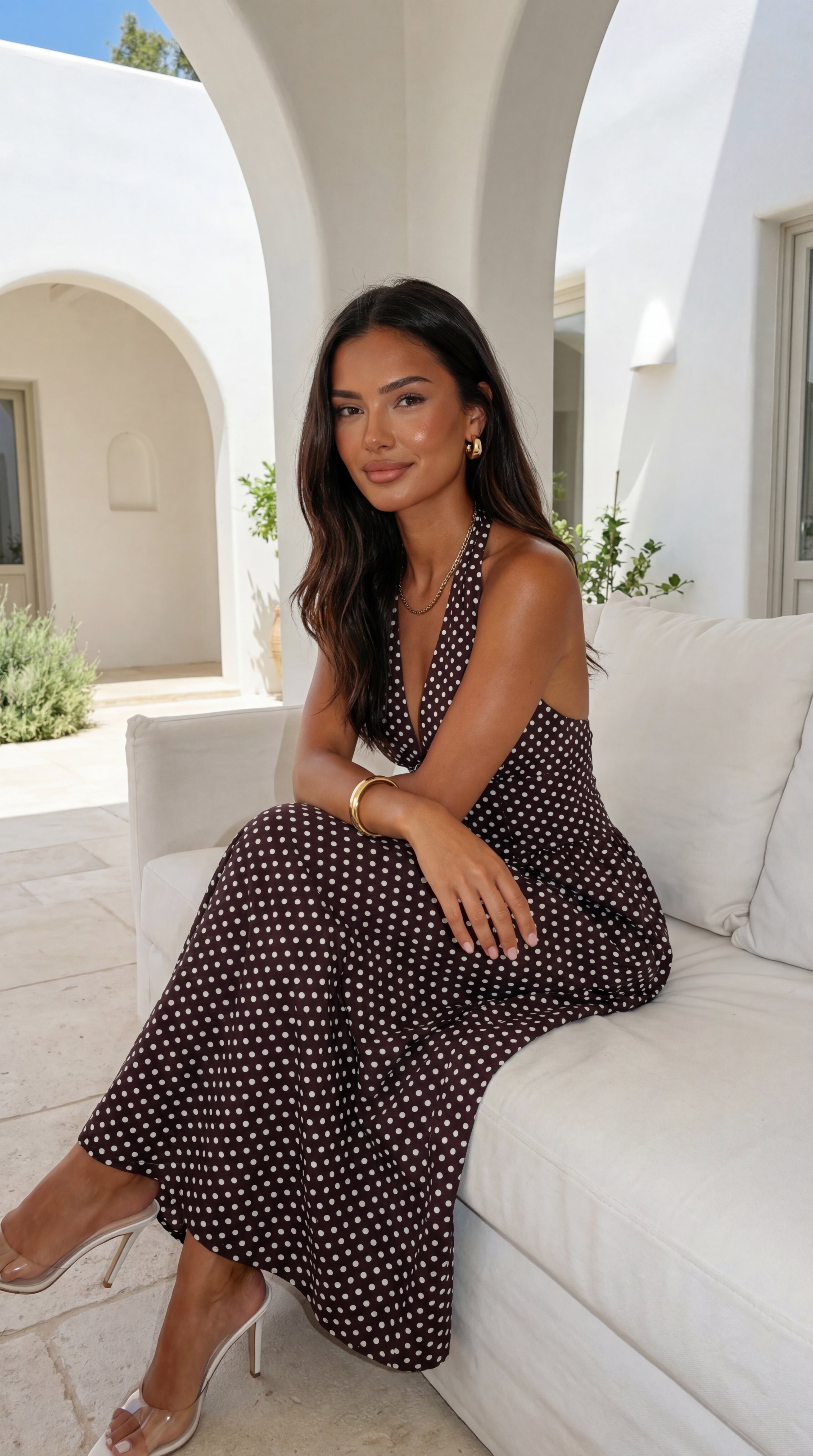 Calypra Polka Dot Halter Maxi Dress - Brown