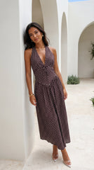 Calypra Polka Dot Halter Maxi Dress - Brown