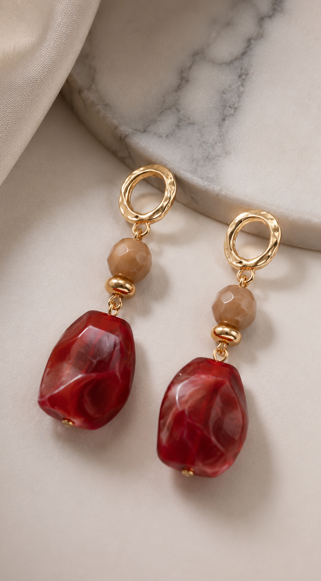 Celeste Stone Beaded Drop Earrings - Red