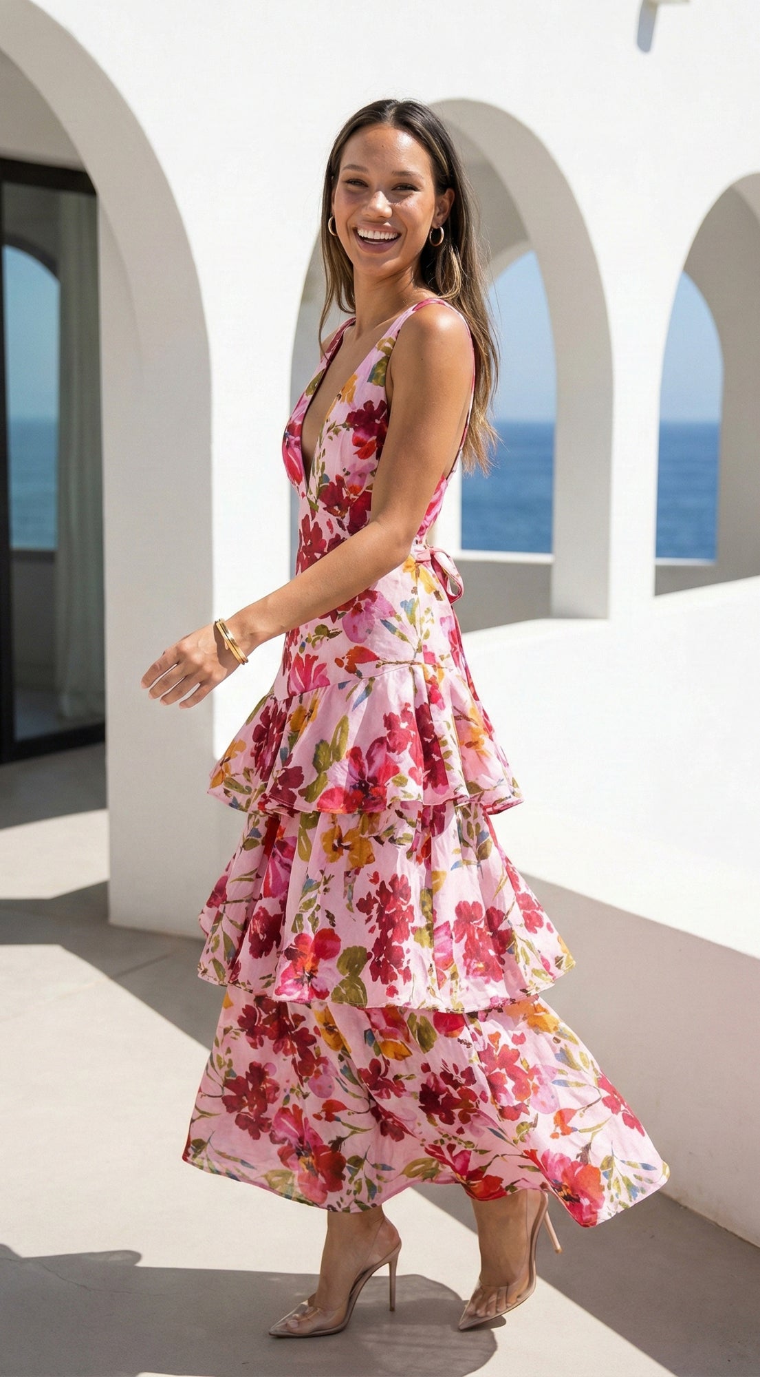 Aurelisse Floral Ruffled Maxi Dress - Floral Pink