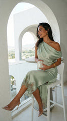 Alessara Satin Lace Off Shoulder Set - Sage Green