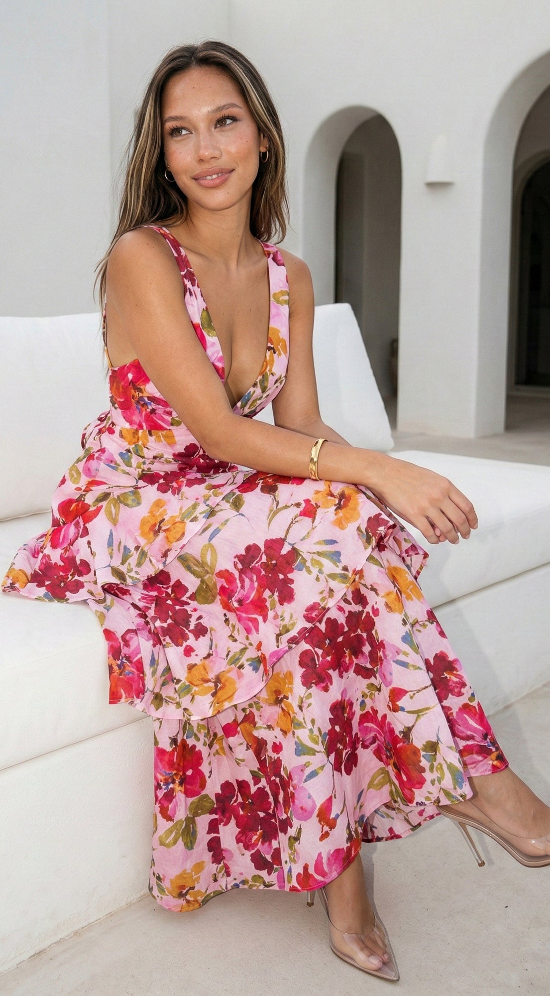 Aurelisse Floral Ruffled Maxi Dress - Floral Pink