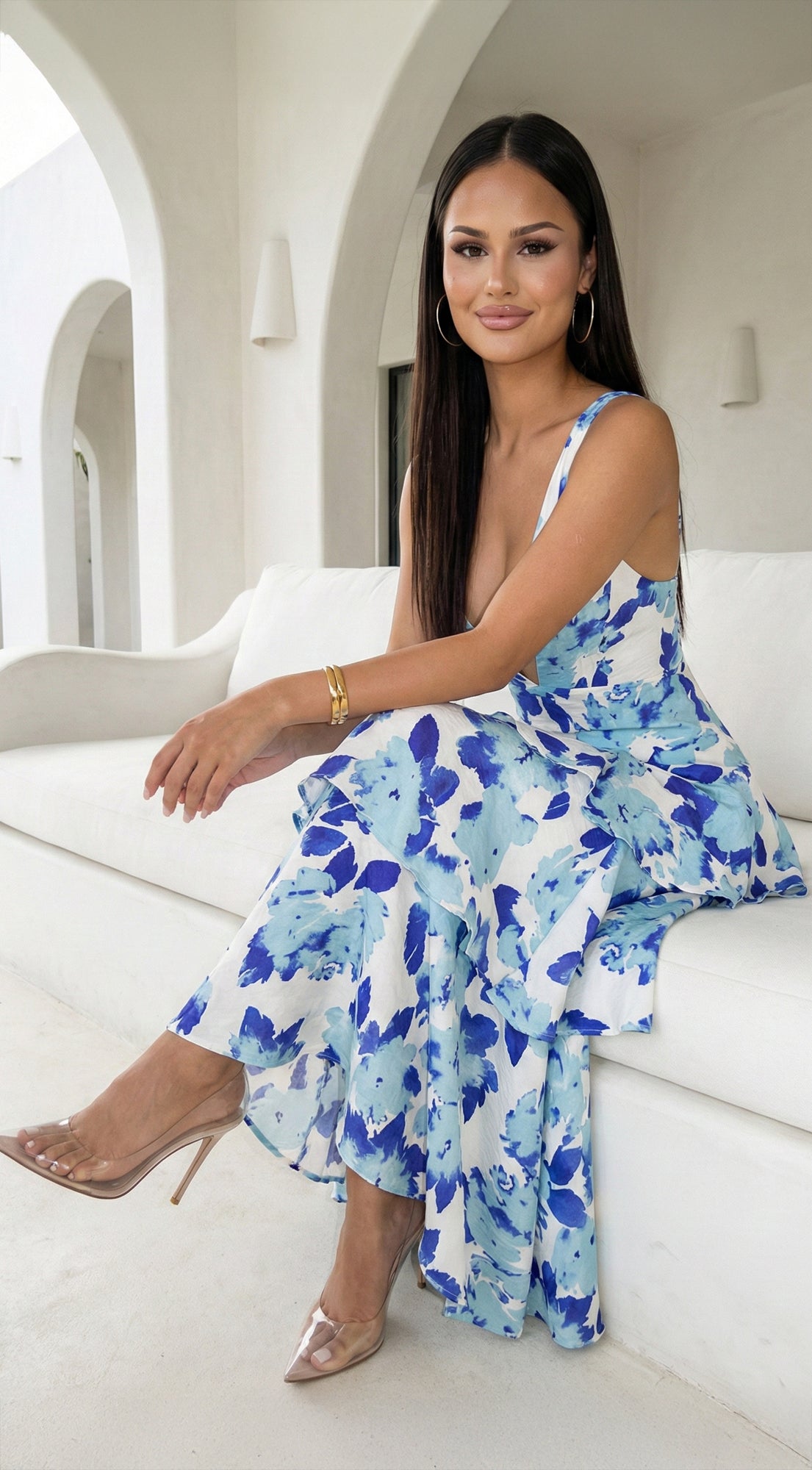 Aurelisse Floral Ruffled Maxi Dress - Floral Blue