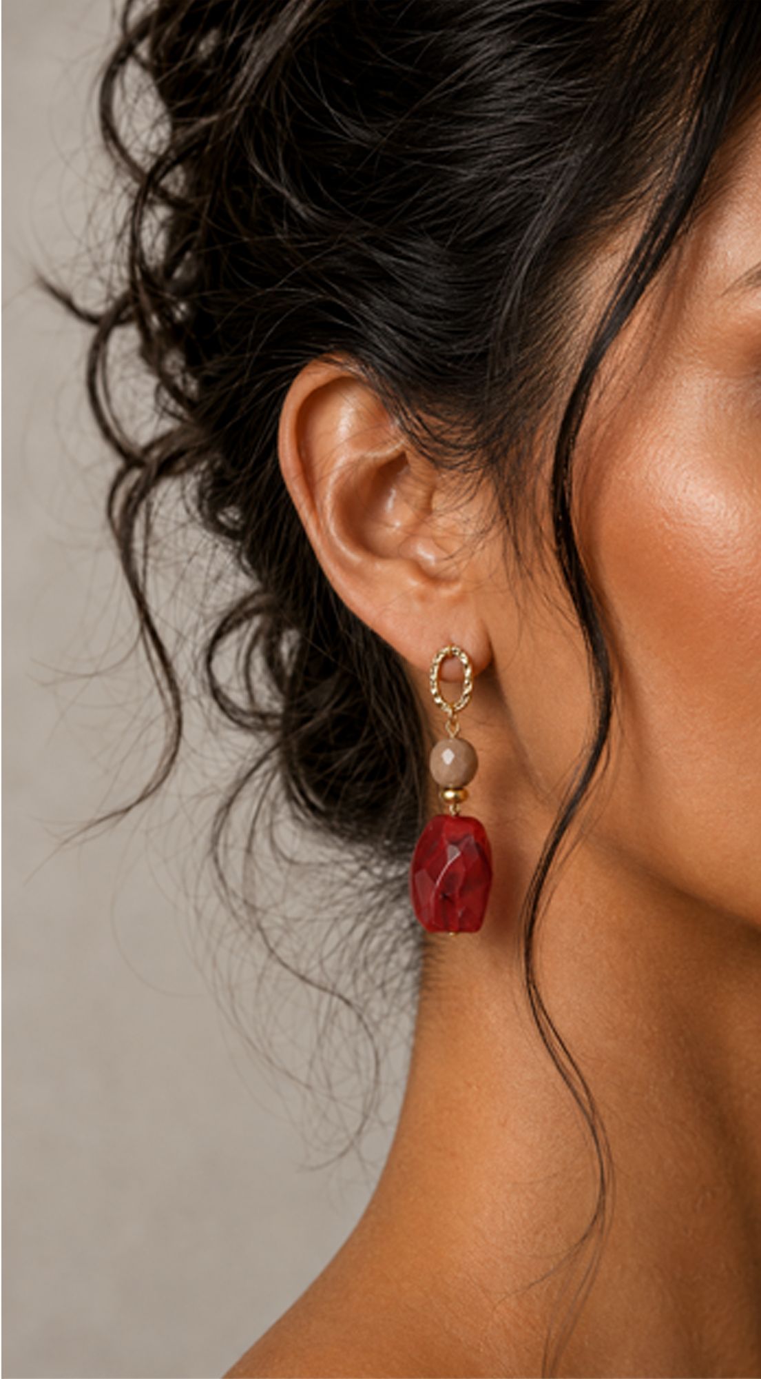 Celeste Stone Beaded Drop Earrings - Red