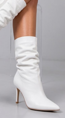 Ava Faux Leather Ruched High Heel Booties - White