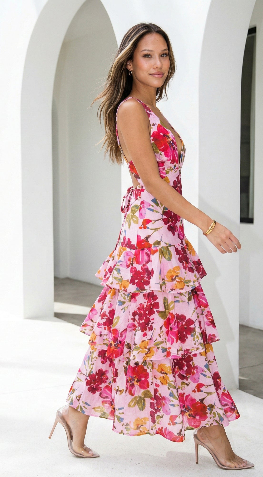 Aurelisse Floral Ruffled Maxi Dress - Floral Pink