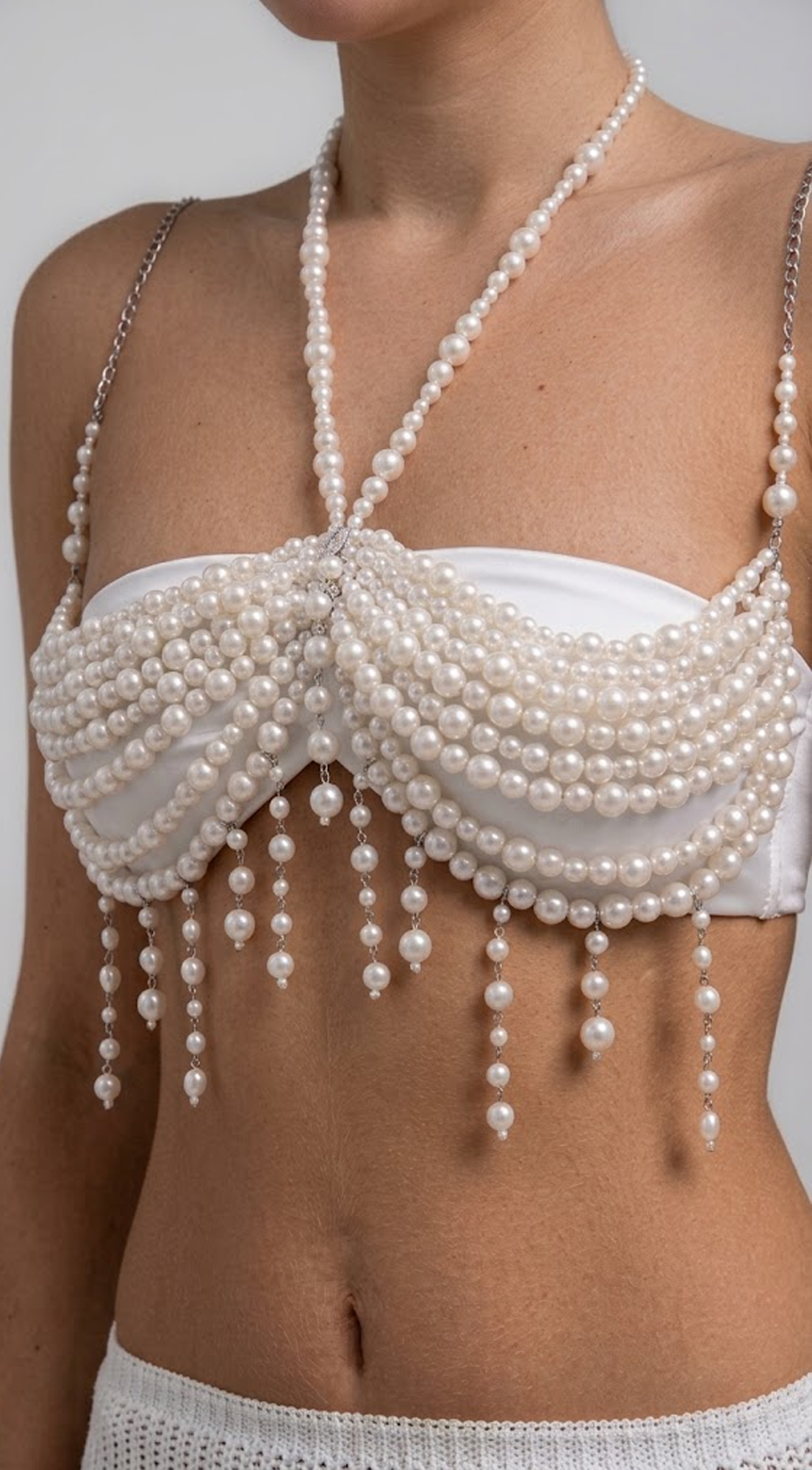 Allure Pearl Fringe Statement Body Chain - White