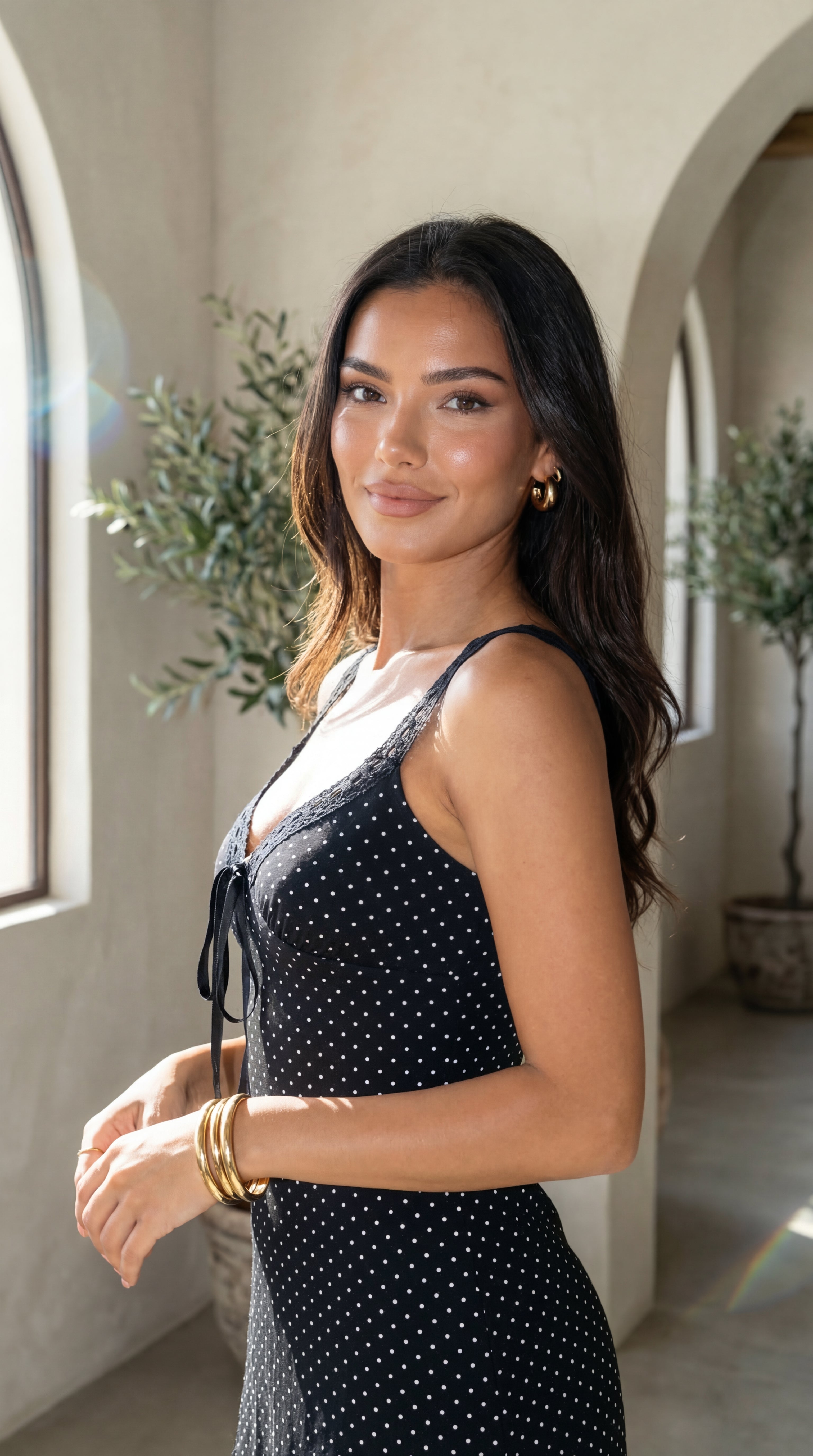 Calyssa Polka Dot Lace Trim Mini Dress - Black