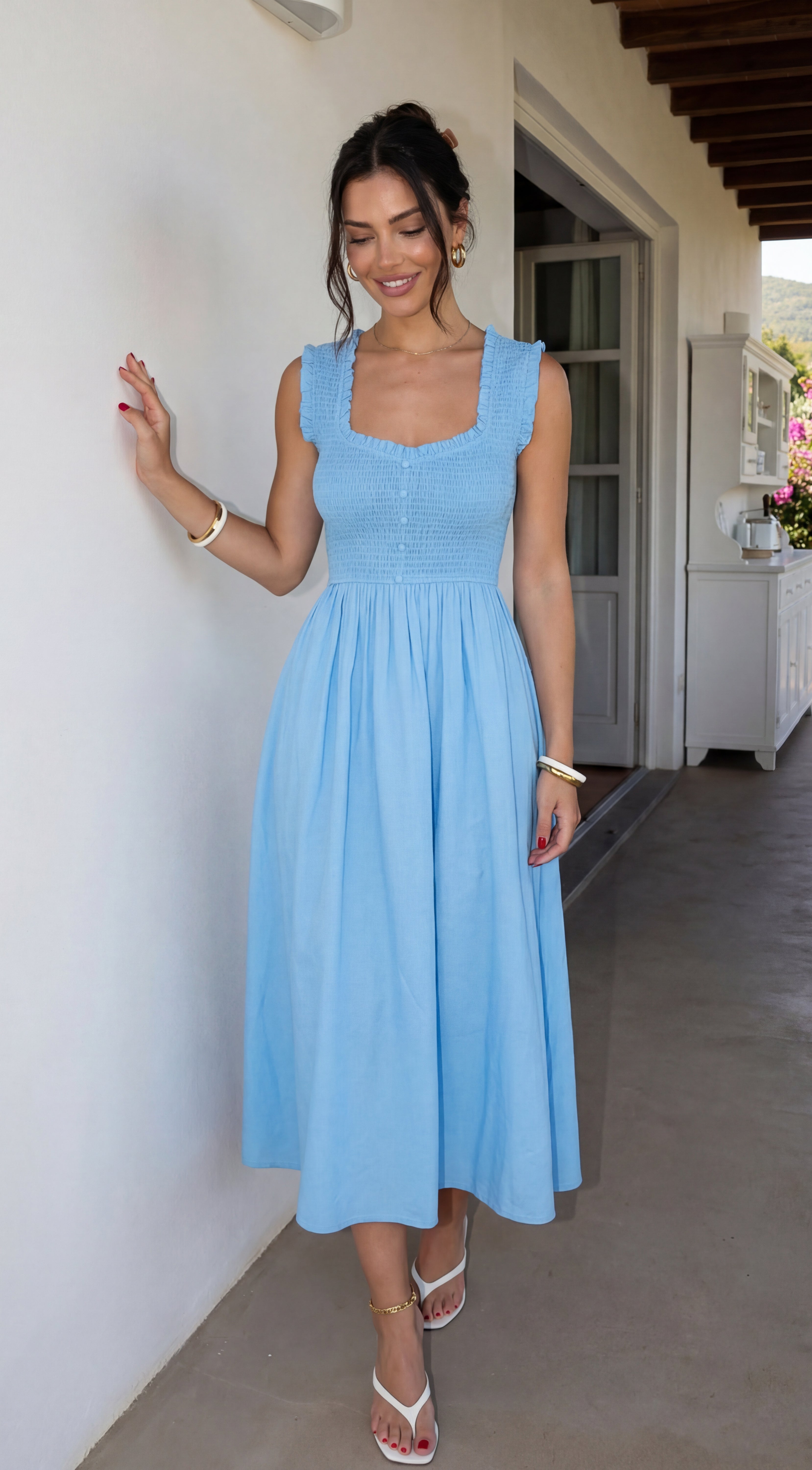 Bluebell Smocked Sweetheart Midi Dress - Blue
